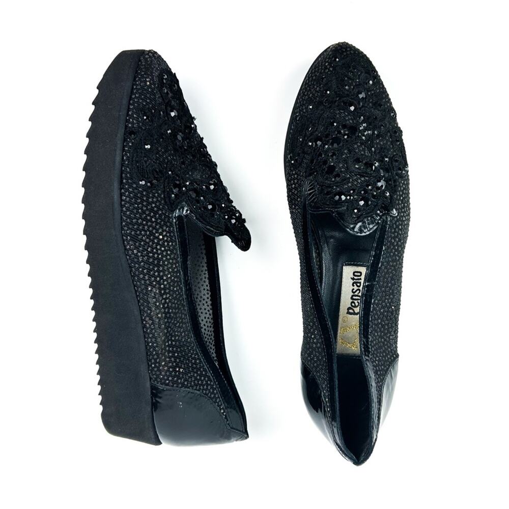 Vintage Pensato Italy Mesh Bejeweled Lace Platform Loafer in Black